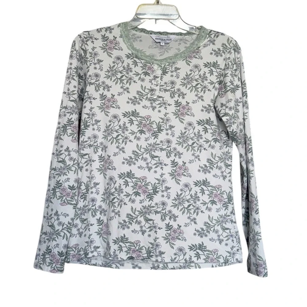 Elizabeth & Nicole Pajama Set Womens Small White Floral Lace Henley Loungewear